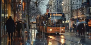 Bus driving through rainy shopping street Bus driving through rainy shopping street