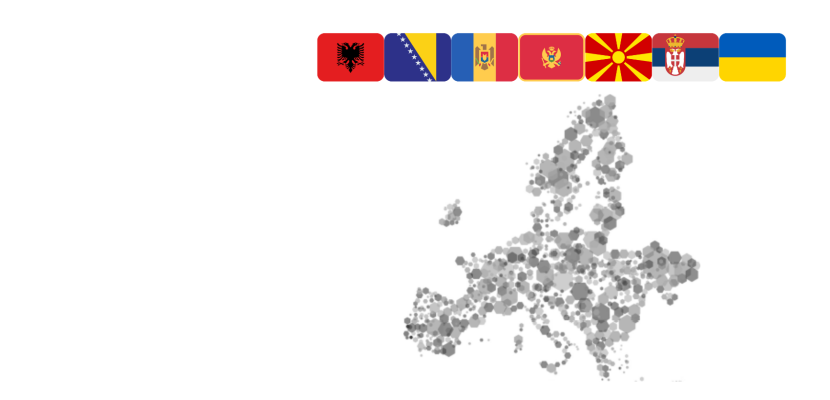 New country map with flags Greyscale map of Europe with flags of new countries in programme as of 2024